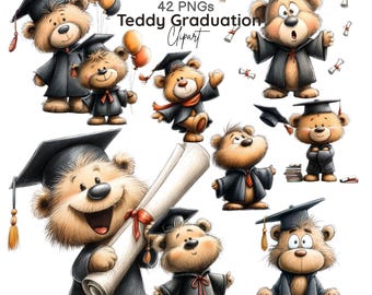 Imágenes prediseñadas de ositos de peluche graduados, osos graduados con birretes y diplomas, gráficos escolares y universitarios (42 PNG)