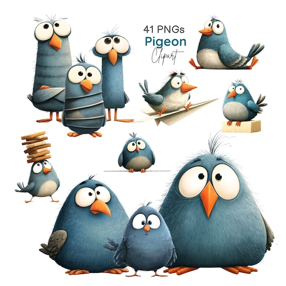 Whimsical Cartoon Pigeon Clipart Bundle, Quirky Blue Bird Graphics (41 PNGs Digital Downloads)
