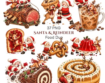 May include: A collection of 37 PNG digital illustrations featuring Santa Claus and reindeer interacting with various foods, including a roast, pie, iced coffee, toast with jam, a pretzel, gelatin, a yule log cake, and a cinnamon roll.