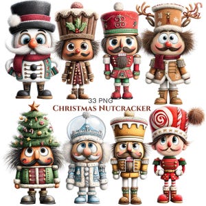 Peut inclure: Une collection de huit figurines casse-noisettes de style dessin animé aux designs variés, incluant un bonhomme de neige, un sapin et des personnages rennes. Le texte 33 PNG CHRISTMAS NUTCRACKER est centré entre les deux rangées de figurines.
