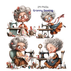 Puede incluir: Una colección de 29 imágenes PNG titulada Granny Sewing, que presenta ilustraciones de una persona mayor con cabello gris y anteojos grandes usando varias máquinas de coser antiguas, rodeada de suministros de costura como hilos y telas.