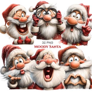Könnte beinhalten: Eine Sammlung von sechs Cartoon-Weihnachtsmann-Illustrationen mit verschiedenen Ausdrücken, darunter Zwinkern, Lupen halten, Zeigen, Kussmund, Lachen und Herzform mit den Händen, beschriftet mit 32 PNG MOODY SANTA.