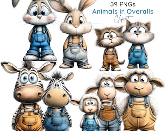 Imágenes prediseñadas de animales con overoles y jeans, atuendos para bebés animales, gráficos de personajes infantiles para guardería (39 PNG)
