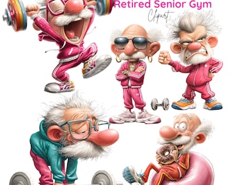 Imágenes prediseñadas de gimnasio para personas mayores jubiladas, ilustración divertida de un abuelo haciendo ejercicio, fitness para personas mayores (33 PNG)