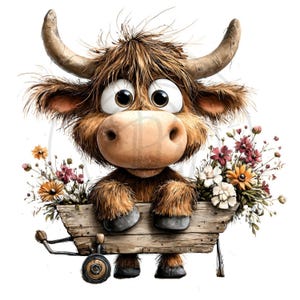 May include: A whimsical illustration of a cartoon Highland cow with large eyes and a fluffy brown coat. The cow is holding a wooden wheelbarrow filled with colorful flowers. The image has a white background.