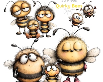 Quirky Bee Clipart Bundle | Whimsical Bumblebee Illustrations (33 PNGs Digital Downloads)