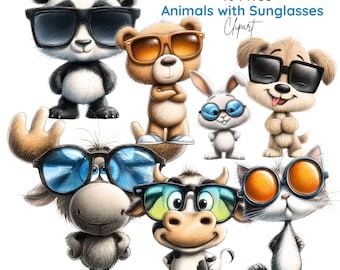 Imágenes prediseñadas de animales con gafas de sol, gafas de animales modernas y originales, ilustraciones de animales de verano (45 imágenes PNG)