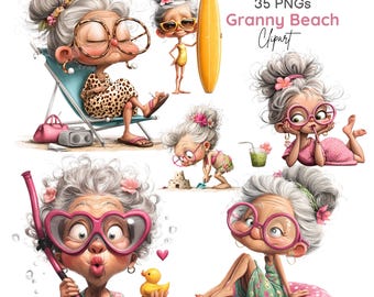 Imágenes prediseñadas divertidas de abuelas en la playa, imágenes PNG de abuelas veraniegas, abuelas atrevidas en bikini, vacaciones retro (35 imágenes PNG)