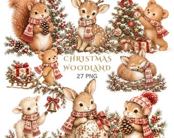 27 PNG Christmas Woodland Animal Clipart, Adorable Rustic Winter Animals, Deer Bunny Fox Mouse