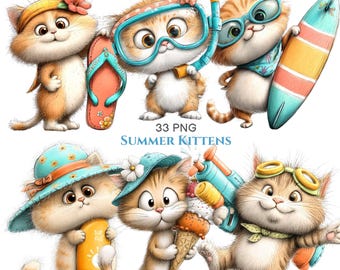 May include: A digital illustration set of six kittens with summer themes, including a kitten with a hibiscus flower, a snorkel mask, a surfboard, a sun hat, an ice cream cone, and a water gun. The text 33 PNG SUMMER KITTENS is centered.