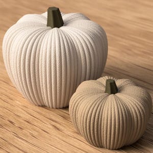 May include: Two decorative pumpkins in neutral tones. The larger one is off-white, the smaller one tan. Both have ribbed textures and dark green stems. Ideal for autumn home decor, they add a seasonal touch.