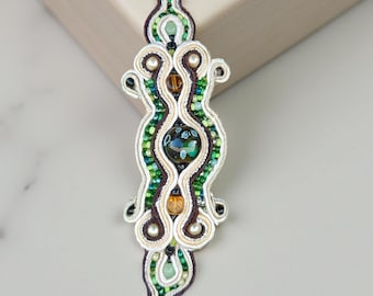 Forest Green Golden Soutache Bracelet, Moss Earth Tones Jewelry to USA