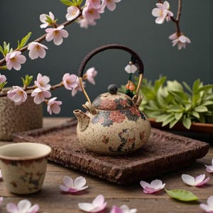 May include: A beige ceramic teapot with a floral design and a woven handle sits on a wooden tray. The teapot has red and black floral patterns. A teacup and cherry blossoms are in the foreground. The background is a dark green.