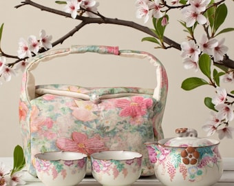 Portable Ceramic Tea Set with Floral Bag, Travel Gongfu Teapot & 2 Cups, Mutton Fat Jade Glaze, Kung Fu Tea Gift for Her, Office Tea Kit