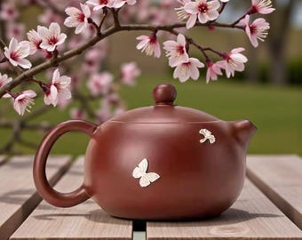 Yixing Zisha Teapot, Silver Inlay Ginkgo & Butterfly, 110ml Xishi Clay Pot, Chinese Gongfu Tea Maker, Handmade Purple Sand Tea Set Gift