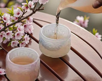 Handmade Liuli Crystal Master Tea Cup, Cloud Relief, Zen Teaware