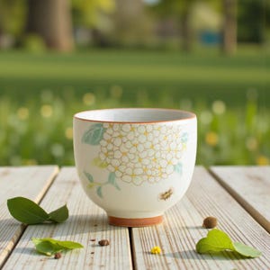 Può includere: Una tazza da tè in ceramica bianca con un motivo floreale di fiori bianchi, foglie verdi e una piccola ape. La tazza ha un bordo e una base marroni, appoggiata su una superficie di legno con foglie verdi.