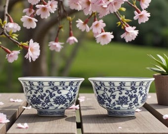 Juego de 2 tazas de té de porcelana azul y blanca, pintadas a mano con motivos de loto, juego de té de kung fu de cerámica Jingdezhen, un regalo elegante para los amantes del té.