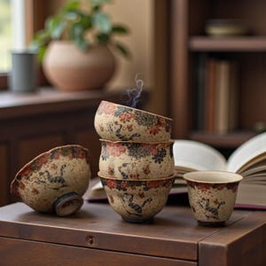 May include: A stack of beige ceramic bowls with a floral and cat design. The bowls have a rustic, aged appearance with red, black, and blue accents. Steam rises from the top bowl, suggesting a warm beverage.