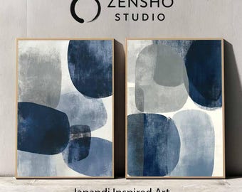 Láminas de arte abstracto Japandi (juego de 2) / Decoración minimalista azul (descarga digital)