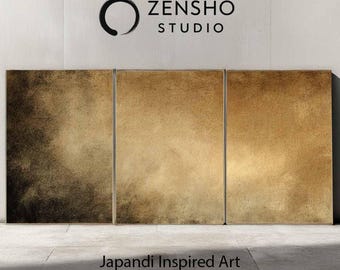Tríptico abstracto dorado Japandi, arte mural minimalista (descarga digital)