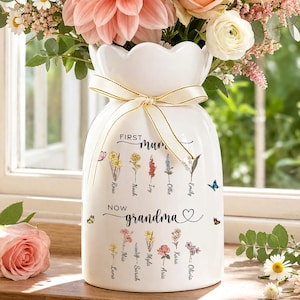 Personalisierte erste Mom jetzt Oma Keramikvase, Geburtsmonat Blumenvase mit Enkelnamen, Omas Garten, Muttertagsgeschenk