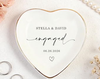 Personalized Engagement Ring Dish, Custom Wedding Gift for Couple, Bridal Shower Gift for Bride, Name & Date Ceramic Jewelry Holder