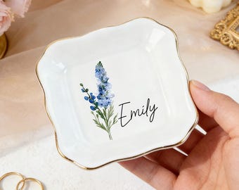 Gepersonaliseerde geboorte bloem ring schotel, aquarel bloemen trinket schotel voor haar, verjaardag sieraden schotel, bruidsmeisje cadeau, Valentijnsdag cadeau