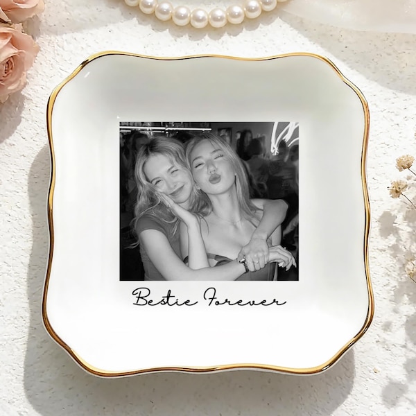 Personalised Bestie Photo Trinket Dish, Custom Jewelry Ring Dish, Bridesmaid Proposal, Ceramic Trinket Tray for Best Friend, Wedding Gift
