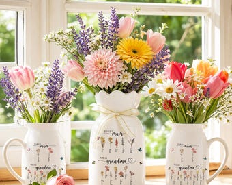 Jarrón de regalo "Primera mamá, ahora abuela", jarrón de cerámica personalizado con flores del mes de nacimiento, regalo personalizado con nombres de niños, regalo de cumpleaños para la abuela Nana.