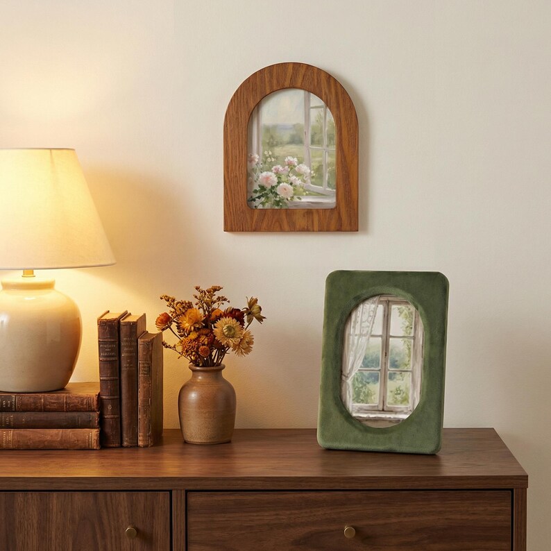 May include: An arched wooden picture frame containing a print of a window with flowers, and an oval green velvet picture frame containing a print of a window with curtains, displayed alongside a ceramic vase of dried flowers and books.