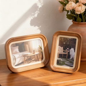 Puede incluir: Dos marcos de fotos rectangulares de madera con esquinas redondeadas. Los marcos tienen un acabado de madera clara con un borde crema. Cada marco contiene una fotografía. Uno muestra una sala de estar, el otro un perro en un jardín.