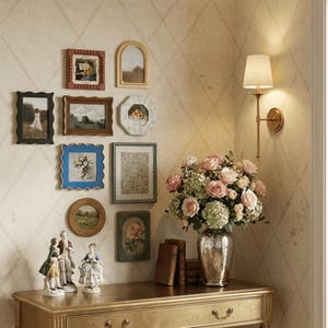 Peut inclure: Une collection d'œuvres d'art encadrées et d'objets décoratifs sur une console dorée. Le mur présente diverses images encadrées, une applique murale et un grand vase de fleurs. La scène évoque une esthétique classique et élégante.