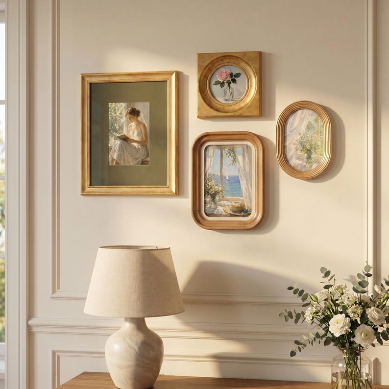 May include: A gallery wall arrangement featuring four gold-toned frames of varying shapes and sizes. One rectangular frame holds a portrait of a person reading, a square frame displays a rose, and two oval frames show coastal and floral scenes.