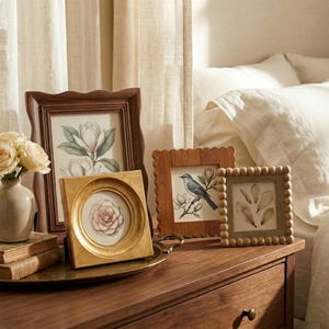 Peut inclure: Un ensemble de quatre cadres photo décoratifs aux designs variés, incluant un cadre en bois foncé, un cadre carré doré à centre circulaire, un cadre en bois festonné et un cadre perlé, présentant des illustrations botaniques et d'oiseaux.