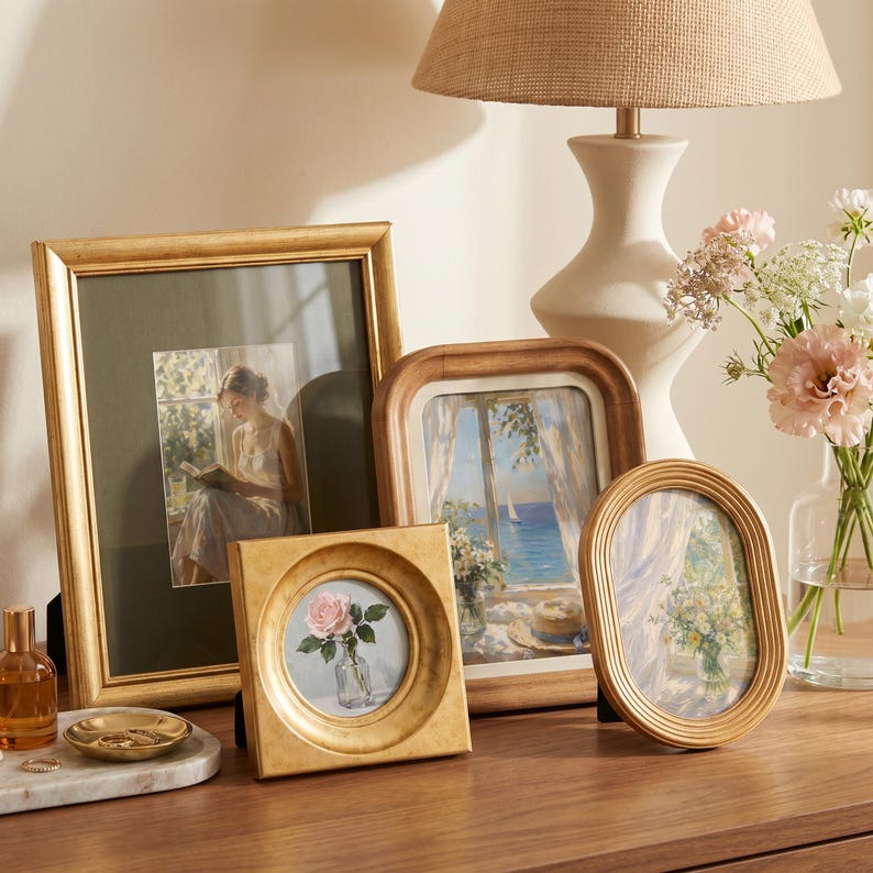 May include: A collection of four picture frames in various shapes and finishes, including a large rectangular gold frame, a square gold frame, a rounded rectangular wood frame, and an oval gold frame, displaying various art prints.