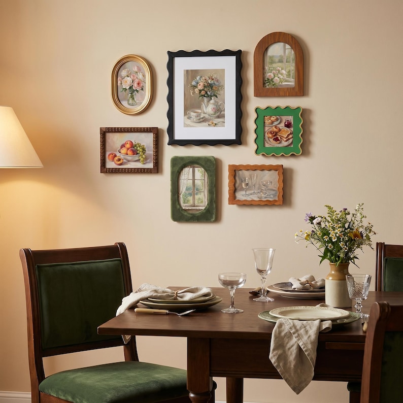 May include: A dining room scene featuring a wooden table with place settings, a vase of flowers, and a gallery wall of six framed art prints. The frames include oval, scalloped, and rectangular shapes in gold, black, green, and wood tones.