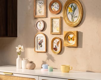 Marco de pared vintage dorado con detalles festoneados de ratán, para colgar en la pared o sobre la mesa, estilo bohemio victoriano.