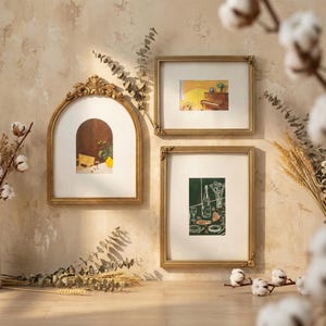 Vintage Gold Carved Gallery Wall Picture Frame with Striped Liner Arched & Rectangular Frames for Living Room Sofa Wall Decor (Single/Set)