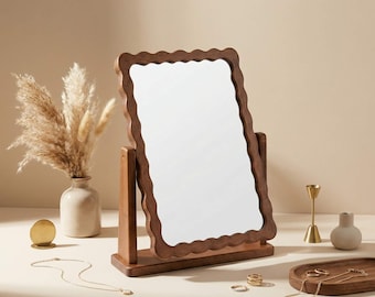Wavy Scalloped Vanity Retro Tabletop Makeup Mirror, Adjustable Standing Mirror for Vanity, Desk, Dorm & Bathroom, Aesthetic Home Decor Gift