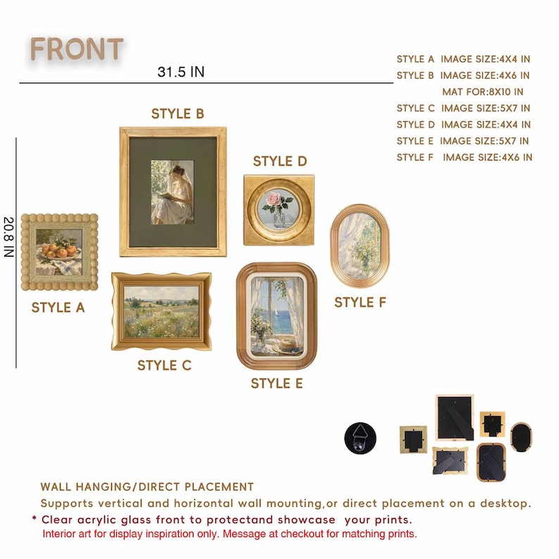 May include: A collection of six gold-toned picture frames labelled Style A through F, featuring various shapes and sizes. The image displays dimensions of 31.5 inches by 20.8 inches, with specific image size text for each frame style and mounting hardware.