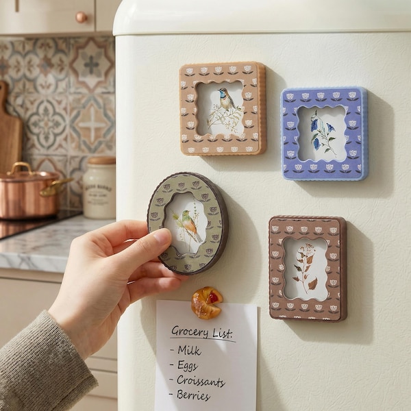 Vintage blommiga fotoramar i tyg - Boho Cottagecore miniramar (2,5x3/3x3) Shabby Chic skrivbords- och väggdekor