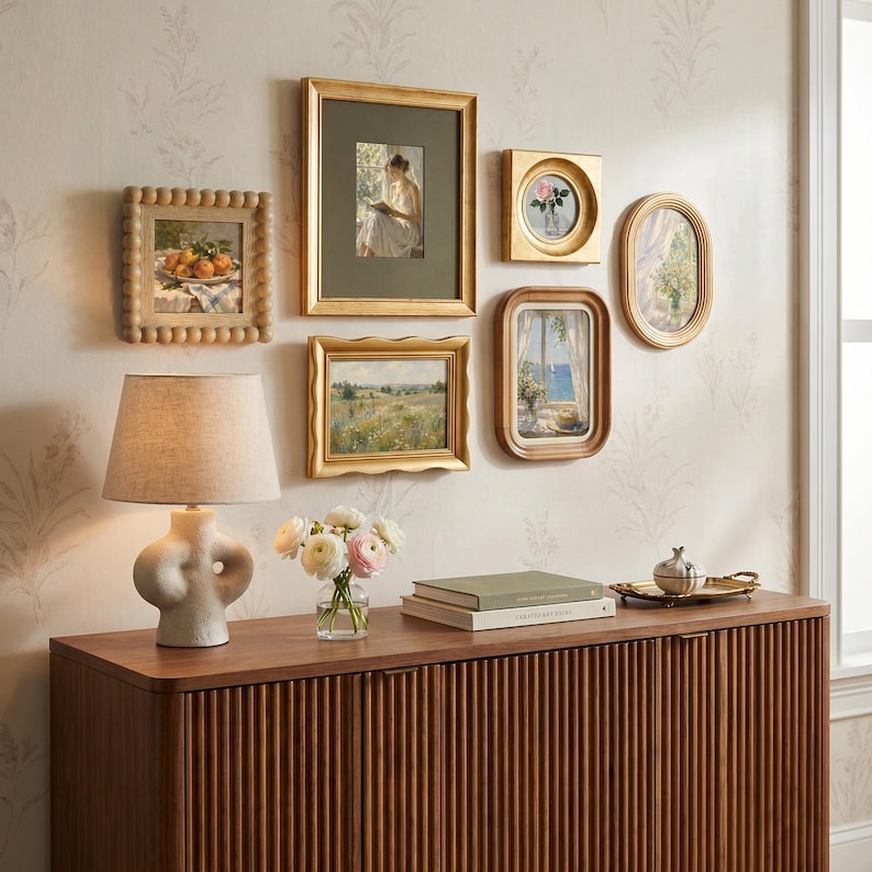 May include: A gallery wall arrangement featuring six framed art prints in gold and wood tones, a beige table lamp with a sculptural base, a glass vase with white and pink flowers, and two stacked books on a dark wood slatted sideboard.