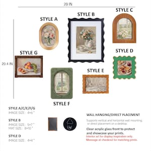 May include: A collection of seven decorative picture frames labeled Style A through G, featuring various shapes including oval, rectangular, and arched. The frames come in gold, black, green, and wood finishes, with dimensions of 29 inches by 20.4 inches.