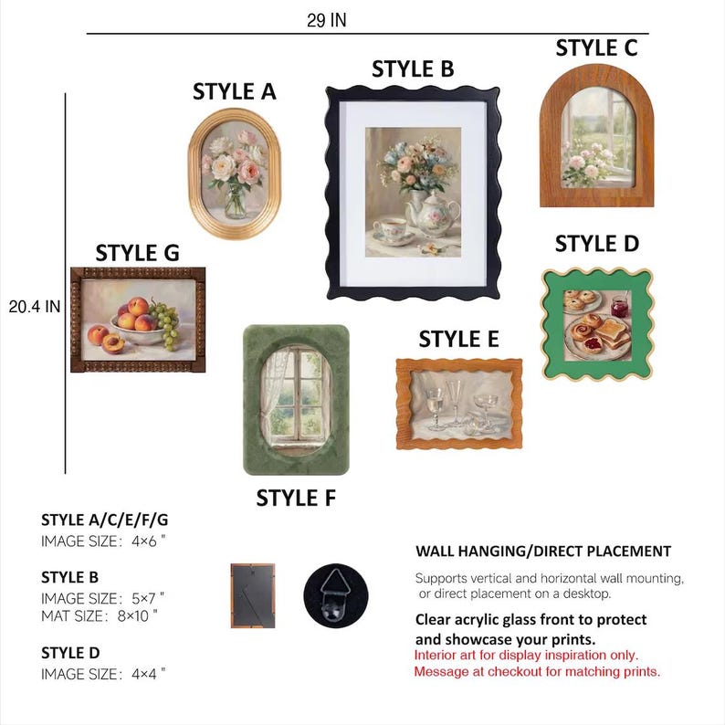 May include: A collection of seven decorative picture frames labeled Style A through G, featuring various shapes including oval, rectangular, and arched. The frames come in gold, black, green, and wood finishes, with dimensions of 29 inches by 20.4 inches.