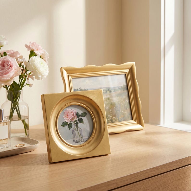 May include: A square gold picture frame with a circular opening containing a print of a pink rose in a glass vase, positioned in front of a rectangular gold frame with a wavy edge displaying a landscape painting of a field.