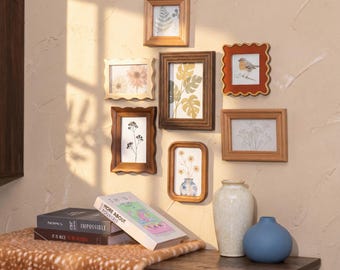 Gallery Wall Frame, Vintage Wooden Picture Frames Multi Size with Scalloped Design, Wall & Tabletop, Boho Rustic Farmhouse Decor