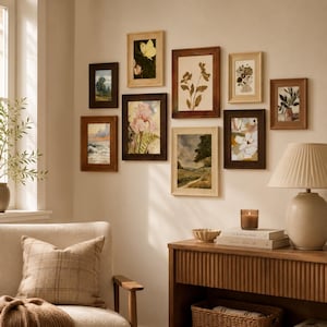 Könnte beinhalten: Eine Galeriewand mit neun rechteckigen Bilderrahmen in verschiedenen Holztönen, die botanische, landschaftliche und florale Kunstdrucke zeigen. Die Rahmen hängen an einer hellen Wand über einem Holzkonsolentisch und einem Stuhl.