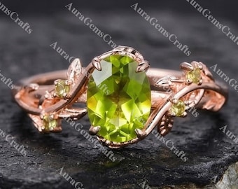 Anello di fidanzamento vintage ovale con peridoto, oro rosa, anello ispirato alla natura, stile Art Déco, anello nuziale a foglia, anello da donna con pietra portafortuna di agosto, regalo