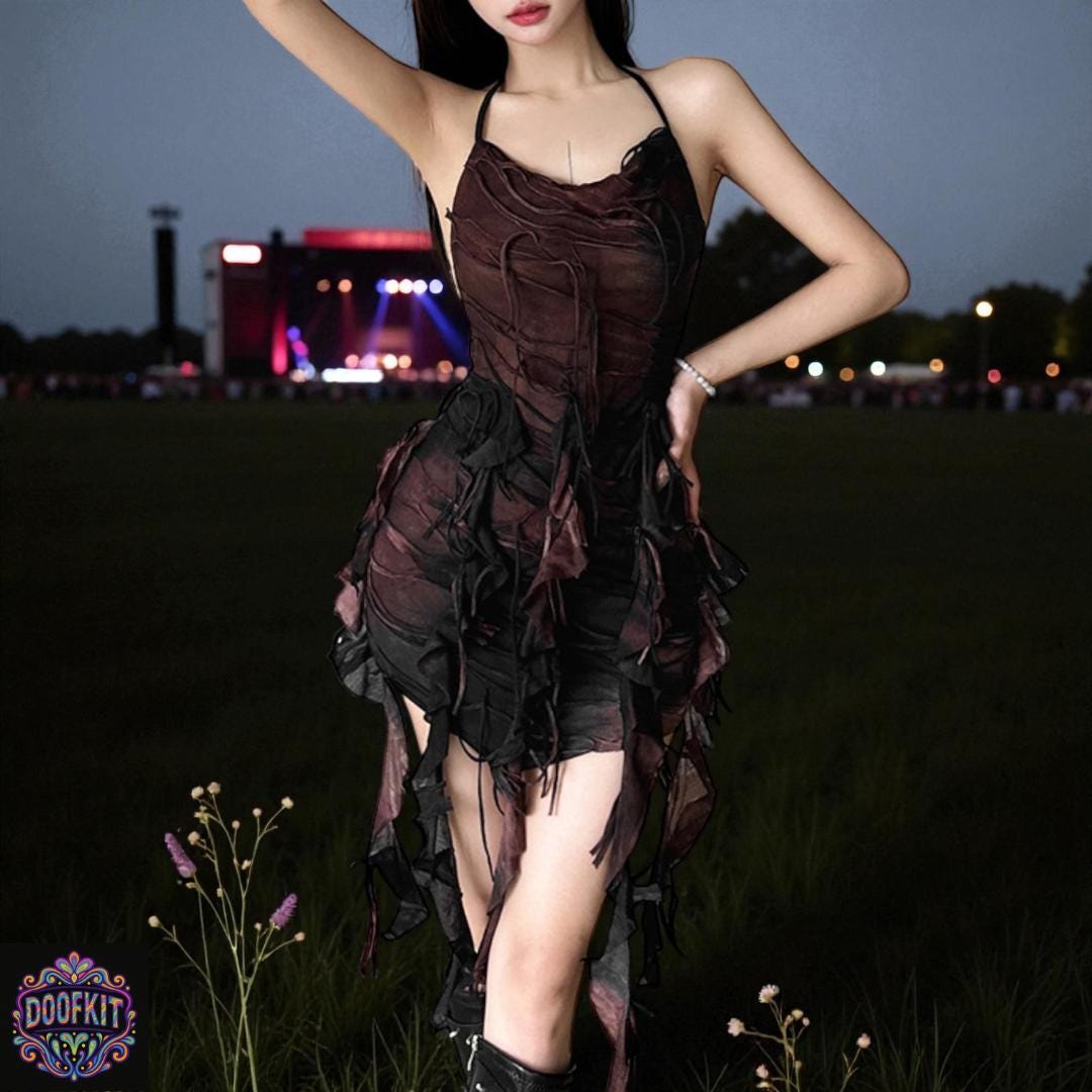 Goth Shredded Ruffle Mini Dress • Dark Fairycore Halter Dress • Grunge ...